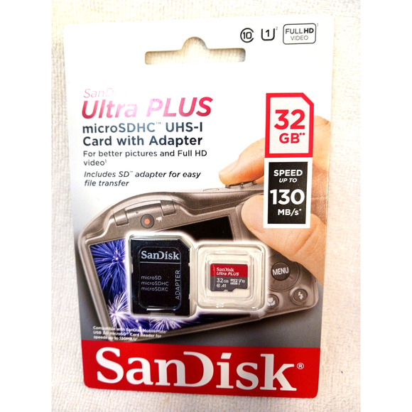 2 New! SanDisk Ultra Plus Speed 130, microSDHC UHS-1 Card w Adapter - Picture 6 of 10